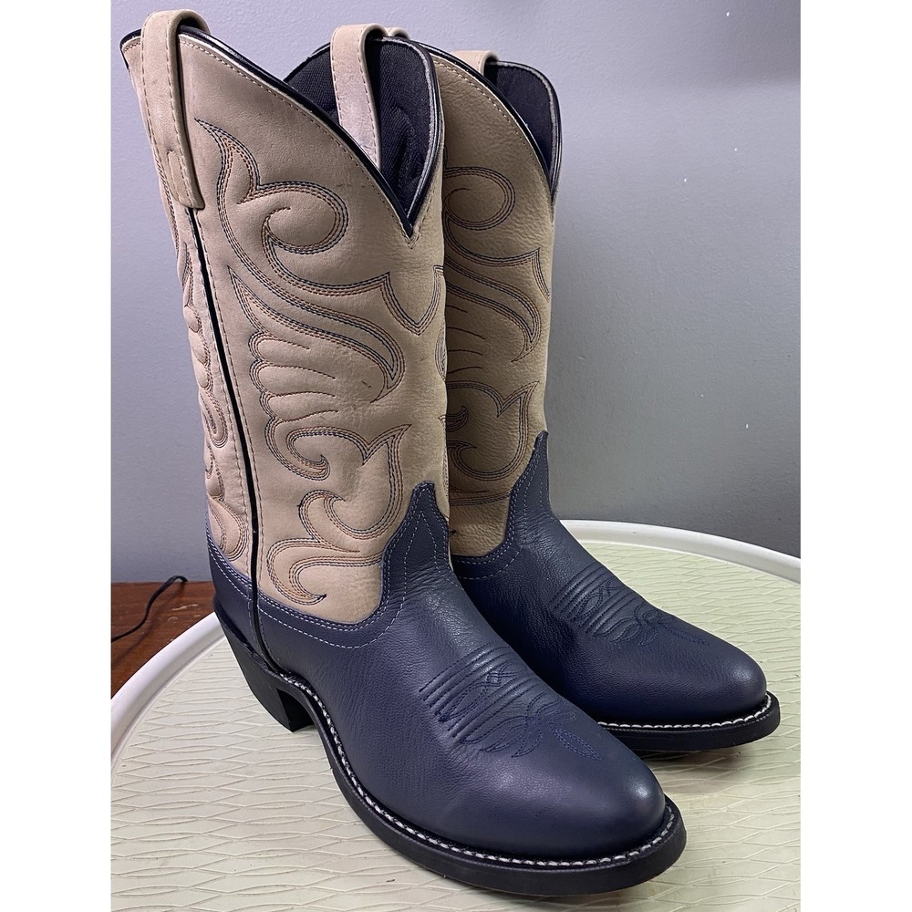 Laredo Women's Navy Blue/Tan Western Leather Cowgirl Riding Cowboy Boots 8.5M